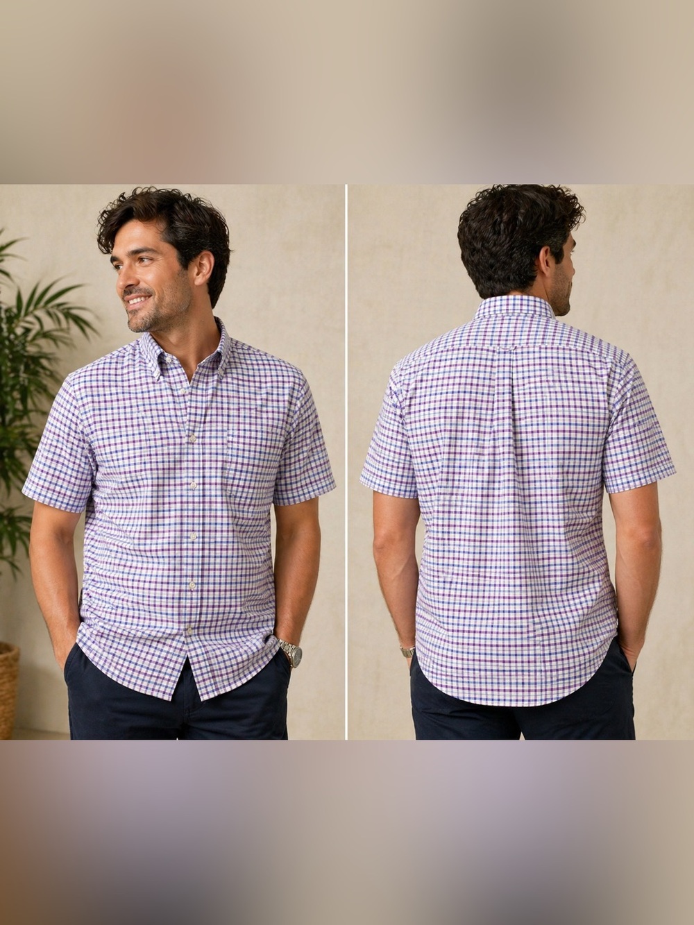 Men's Short-Sleeve Button-Down Check Shirt — Purple/White